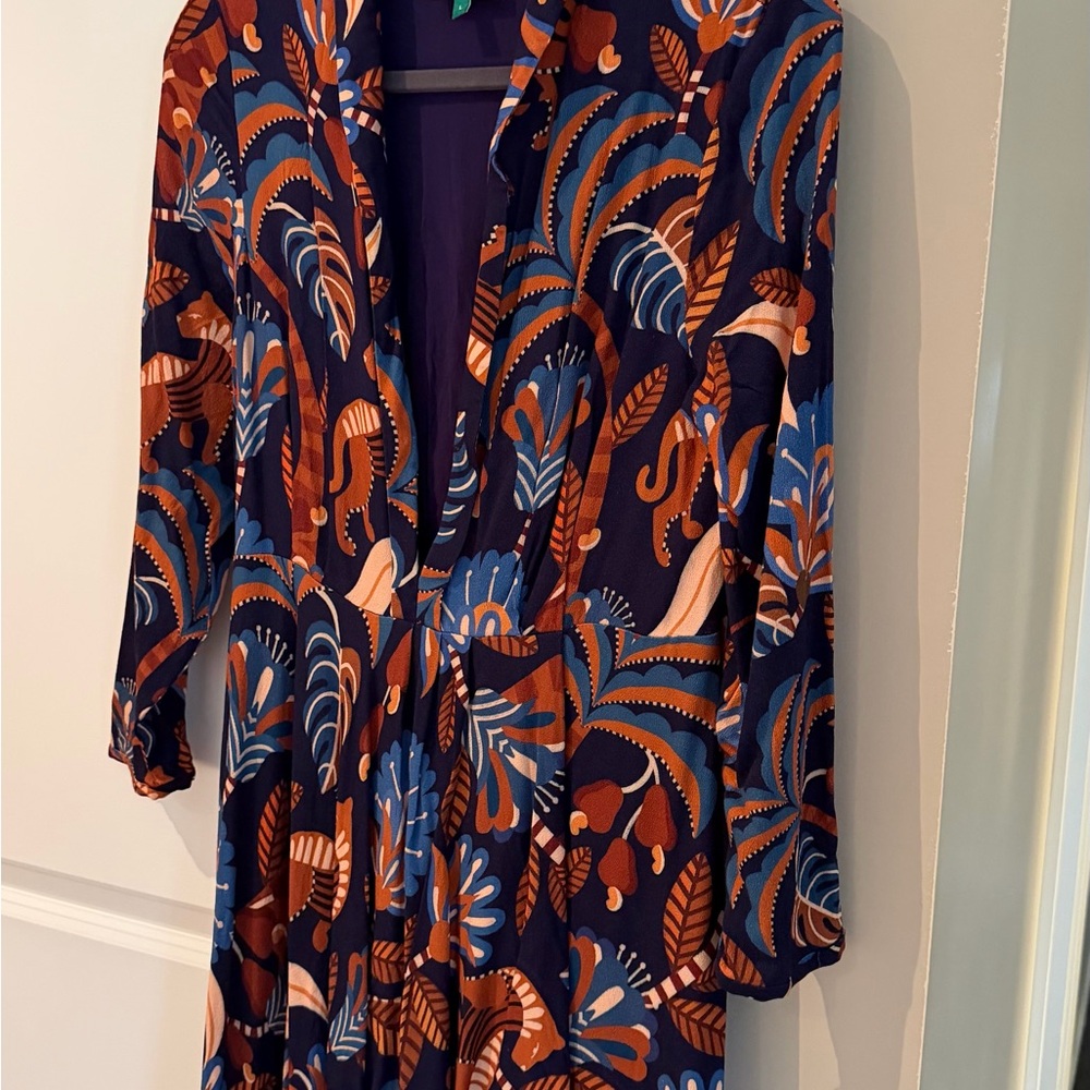 Farm Rio EUC Navy Floral Abstract Long Sleeve Dress - Blue & Rust Print